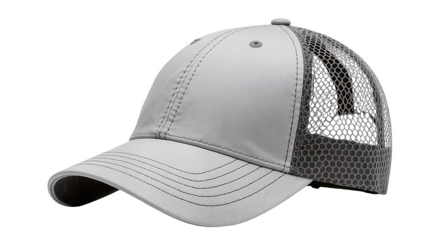 Gray baseball cap with mesh sides and curved brim