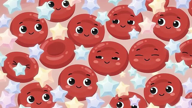 Cute Cartoon Red Blood Cells and Star Shaped Sugar Crystals Floating Inside a Blood Vessel