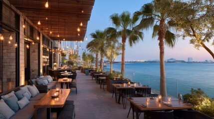 Fototapeta premium Stunning Outdoor Dining Area at Dusk with Beautiful Waterfront View and Elegant Décor Surrounded by Lush Palm Trees and Soft Ambient Lighting