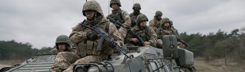 Fototapeta premium Troopers on the Move: A troop of soldiers in full combat gear, armed with rifles, ride atop a military vehicle.