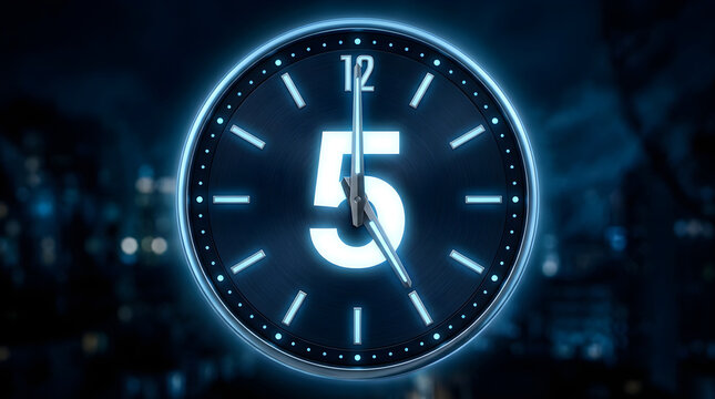 Digital clock showing five oclock with glowing blue neon light effects
