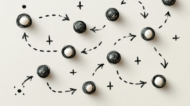 Strategic Play: A top-down view of a strategic board game layout, featuring a scattering of round game pieces and hand-drawn directional arrows and crosses, suggesting planning and decision-making.