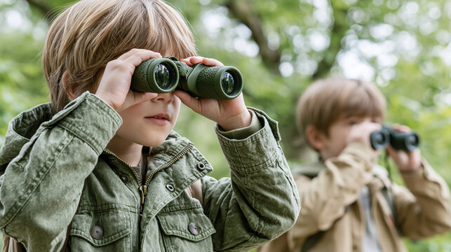 Young Explorers Discovering Nature: Two young boys equipped with binoculars are exploring the wonders of the outdoors, intently observing their surroundings in a lush forest setting.