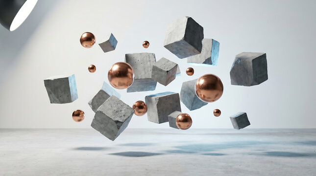 Abstract 3D composition with floating concrete cubes and copper spheres, minimalist geometric shapes in zero gravity, industrial stone blocks and metallic balls for modern design