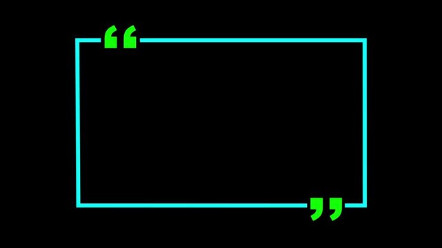 Square quote box icon animation. Rectangular quote mark graphic animation. black background