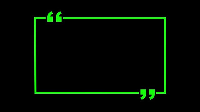 Square quote box icon animation. Rectangular quote mark graphic animation. black background
