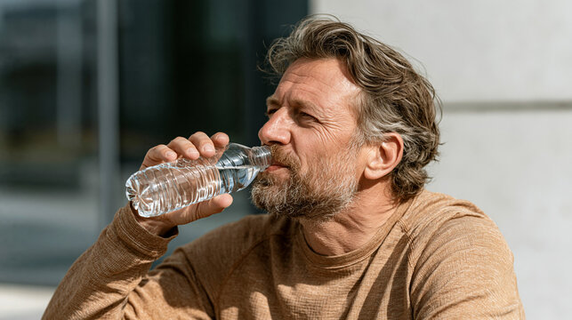 Hydration Break: A middle-aged man with a beard and wavy hair takes a refreshing drink from a clear plastic bottle of water, his gaze thoughtful as he pauses outdoors.