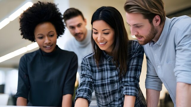 Three diverse professionals are engaged in collaborative strategic planning within a bright modern office environment