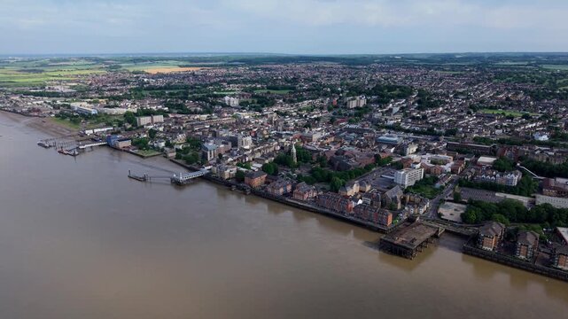 Aerial view of Gravesend town center looking across the banks of the River Thames, UK