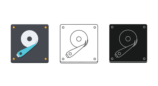 Hard drive icon set color outline and silhouette versions for data storage concepts