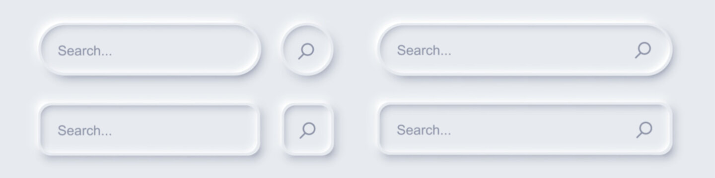 Neomorphic search bar set. SEO background. Rounded panels with search fields and magnifier symbols on light background. Modern vector illustration in neomorphism style for digital marketing solutions.