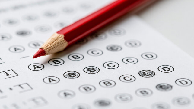 Test Taking Close-Up: A red pencil hovers over a bubble-sheet test, ready to mark an answer, symbolizing education and assessment.
