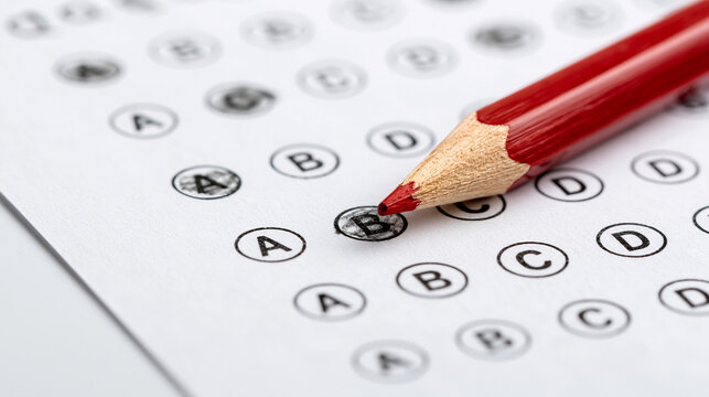 Multiple Choice Test: A close-up shot of a multiple-choice test paper with a red pencil selecting an answer, highlighting the process of education and evaluation.