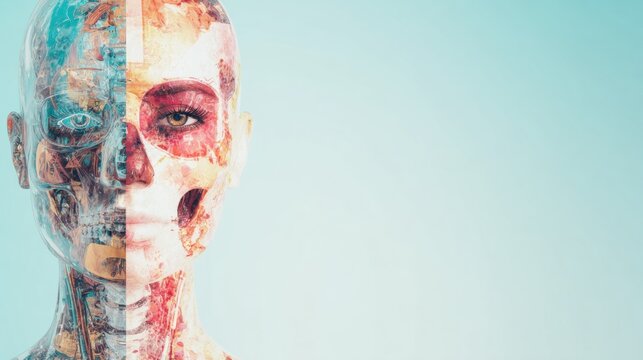 Half human and half skeleton figure shows details of anatomy and design