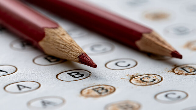 Test and Answer Sheet: Two sharpened red pencils lie on a multiple-choice test paper, ready to mark answers. The paper shows circular bubbles for options A, B, C, and D, with some already filled in.