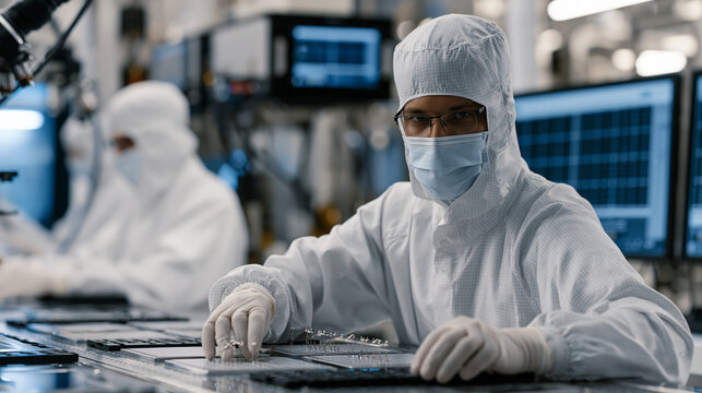 Researchers in cleanroom suits calibrate neutral atom qubit arrays inside a cryogenic vacuum chamber, delicate robotic arms positioning optical tweezers above silicon wafers while