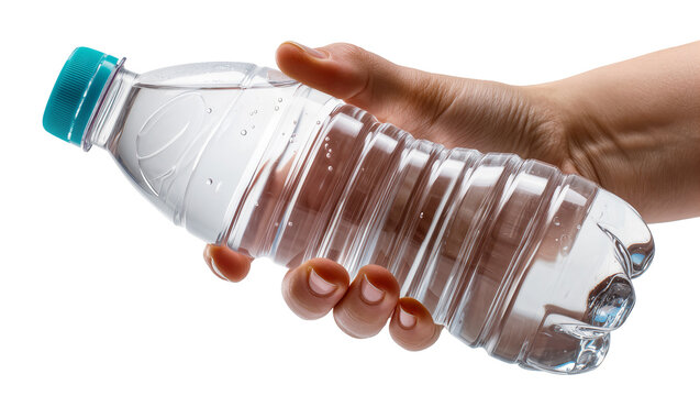 Hand holding clear plastic water bottle with blue cap