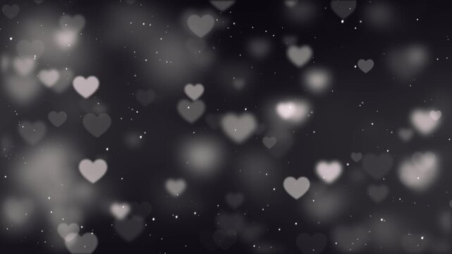 valentines day hearts falling with black and white glitter dust lights animation,valentine celebration romantic love blur heart motion background