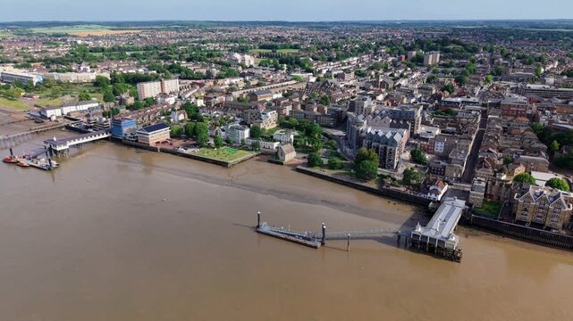 Aerial view of Gravesend town center looking across the banks of the River Thames, UK