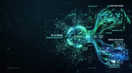 Fototapeta premium Autonomous vehicle ai brain technology with sensor fusion