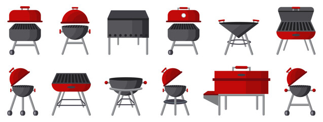 Barbecue grill collection in flat color style. Various charcoal and outdoor cooking grills with lids, stands and portable designs © top dog
