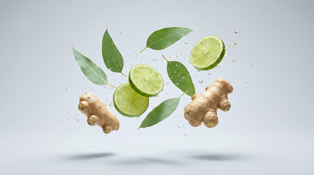 Fresh ginger root and lime slices levitating with green leaves, flying citrus fruit and ginger splash on gray background, healthy organic ingredients for detox drink and wellness