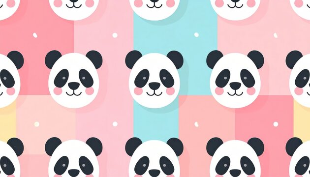 Cute Panda Face Pattern Arranged on Pastel Geometric Background