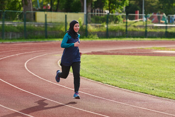 Fototapeta premium Young Muslim Woman Running on Outdoor Track in Hijab Training for Fitness and Healthy Lifestyle