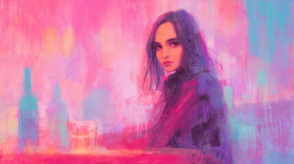 Fototapeta premium Woman sitting at a bar with colorful lights and a drink in her hand
