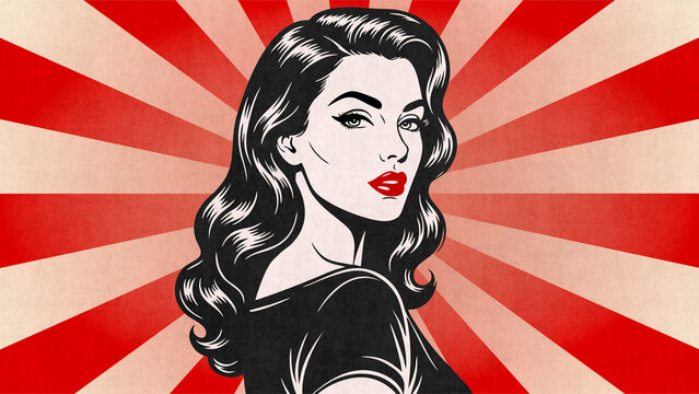 Stilisierte Illustration einer eleganten Frau mit dunklem Haar im klassischen Pin-up-Stil