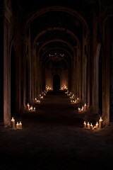 Obraz premium Dark Gothic Corridor with Candlelight and Ancient Arches