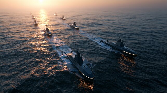 Naval drone escorting large military ships through open sea, realistic maritime environment, aerial cinematic composition