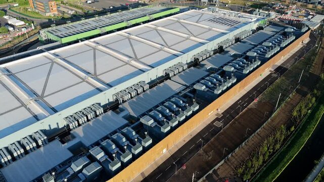 Close Up Aerial View of Massive Data Center External Cooling Hardware and Ventilation Units for AI Technology UK