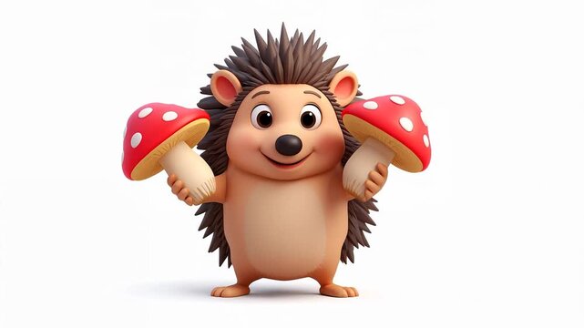 Happy cartoon hedgehog with mushroom isolated on white background 3D design, animation
