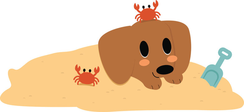 Cute Cartoon Dog Buried in Sand with Crabs on the Beach