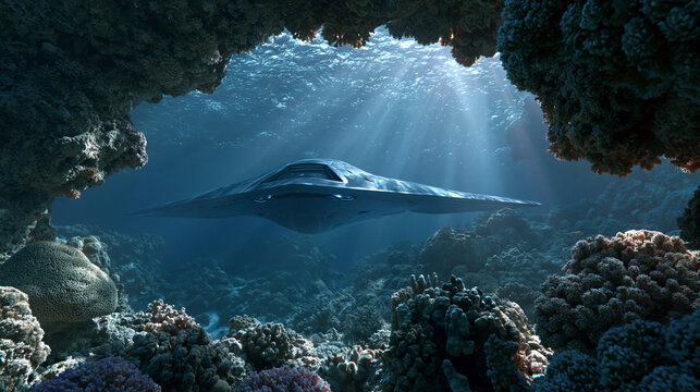 Underwater combat drone hidden among coral reef structures, stealth reconnaissance concept