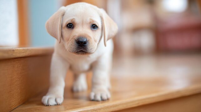 Cute yellow lab puppy walking down wooden stairs in a bright home