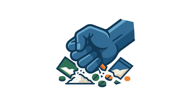 Fist crushing illegal drugs and pills, anti-drug campaign concept