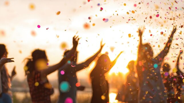 People celebrate with confetti during sunset at an outdoor event in a park