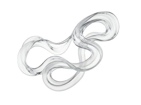Fluid transparent glass ribbon winding in complex intertwined curves isolated on a deep solid black studio background isolated on a transparent background