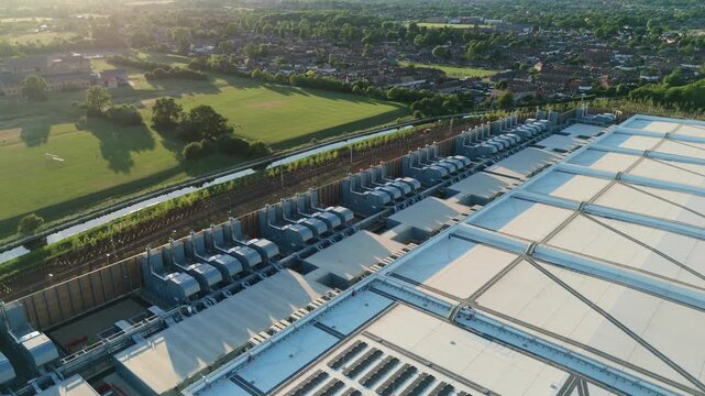 Aerial Drone Shot of Advanced Climate Control Systems and HVAC Infrastructure at a Hyperscale Data Center England