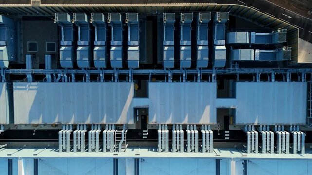 Aerial Drone Shot of Advanced Climate Control Systems and HVAC Infrastructure at a Hyperscale Data Center England