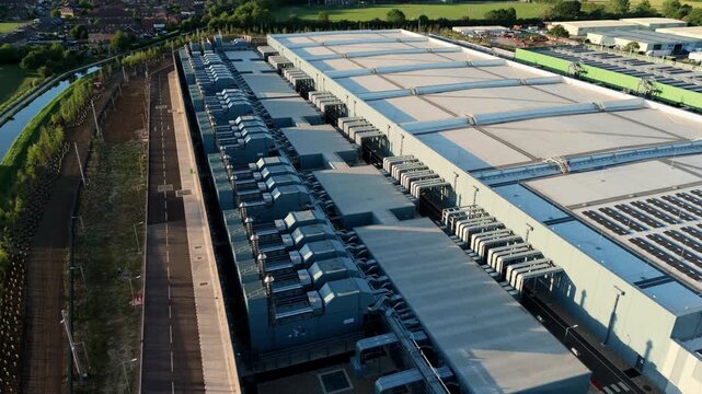 Aerial Drone Shot of Advanced Climate Control Systems and HVAC Infrastructure at a Hyperscale Data Center England