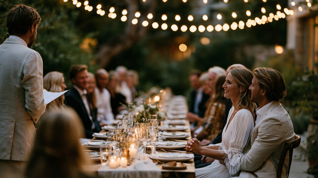 Intimate micro wedding gathering of twelve guests seated around one long harvest table outdoors at dusk, string lights overhead, the officiant standing close, the couple holding