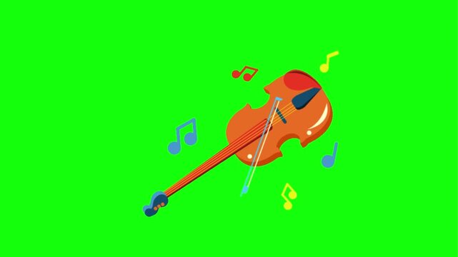 Animated musical instruments like violin and guitar with floating notes on green screen background