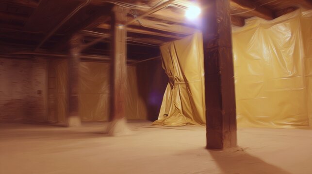 Large empty space in a building with yellow plastic covering the walls