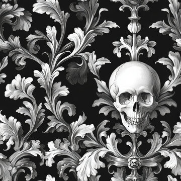 Whimsigothic Skull Pattern. A detailed whimsigothic pattern features a skull surrounded by ornate leaves and floral elements against a dark background.
