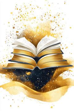 World Book Day watercolor postcard with golden books. A beautiful watercolor illustration for World Book Day, featuring a stack of golden books with open pages, perfect for a postcard.