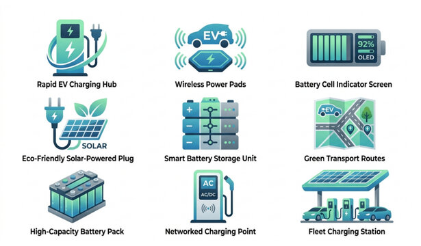 Modern EV Charging Stations and Smart Battery Grid Vector Icon Set
