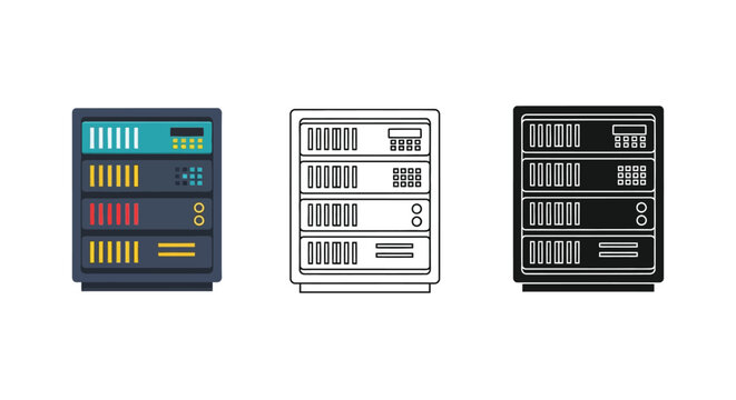 Server rack icons set color outline and solid black styles for data centers